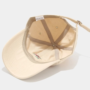 Beige cotton baseball cap with rose embroidery and adjustable metal buckle