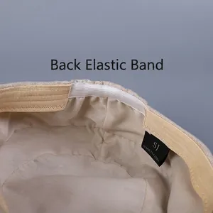 Internal view of khaki linen peaked cap featuring an elastic back band for comfort
