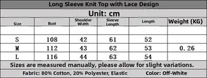 Size chart for French style long sleeve knit sweater showing bust, sleeve, and length measurements