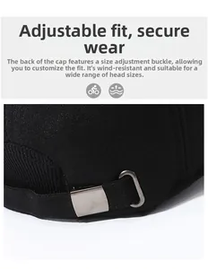 Detail of adjustable metal buckle on black winter baseball cap for custom fit and comfort