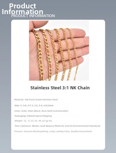 Detailed comparison of 18k gold plated stainless steel Figaro chains in six widths