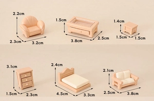 Detailed view of pink dollhouse furniture set with specific dimensions for each mini item