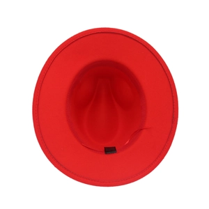Top down view of red wool fedora hat showing interior black sweatband and label