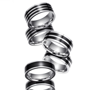 Minimalist 201 Stainless Steel Band Ring With Black Enamel Stripe Polished Trendy Industrial Style Jewelry Unisex