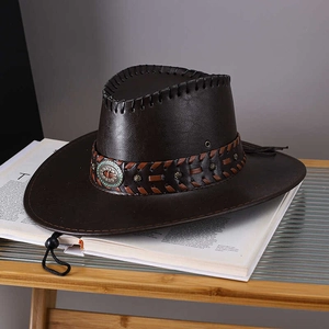 Vintage dark brown cowboy hat with turquoise ethnic band and adjustable wind rope