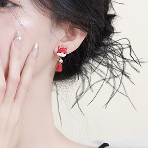 New Chinese style earrings with cute dragon design and red silk tassels for women