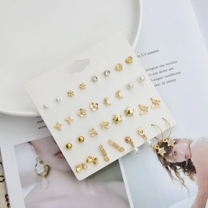 15 pairs set of gold-tone geometric stud earrings with pearls and butterfly designs