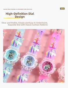 Detail of pink and purple cartoon unicorn watches with 3D embossed silicone straps