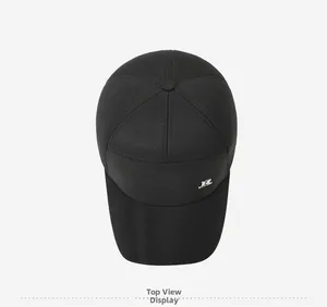 Top view of a black wool baseball cap with fleece lining and silver metal R logo