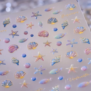 3D-Nagelsticker Ozean-Thema mit Goldfolie Muscheln, Seesternen und Meeresmustern