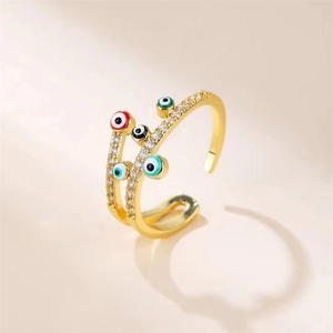 Adjustable gold double band ring with colorful enamel evil eyes and micro zircon pavé