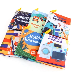 Set of six soft baby cloth books for early education featuring colorful themed illustrations