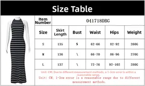 Detailed size chart for the backless striped halter dress showing length and hip measurements