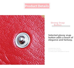 Detail of red lychee grain leather wallet with a strong silver metallic snap button