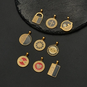 Hip Hop Pendant Necklace 304 Stainless Steel 18K Gold Plated Enamel Rhinestone Cross Star Evil Eye For Men Women