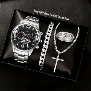 Men's business set with silver steel watch, cuban chain bracelet, ring and cross necklace