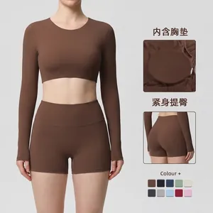 Women's Tight Yoga Set Long Sleeve Crop Top And High Waist Shorts Double Sided Brushed Padded Fitness Sports Tracksuit