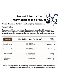 Detailed sizing chart for Halloween plush hanging decorations including pumpkin and ghost