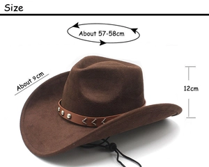 Brown faux suede western cowboy hat with studded leather band and adjustable drawstring