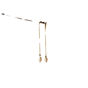 Elegant 18K gold plated long chain earrings with natural lustrous white pearl drops