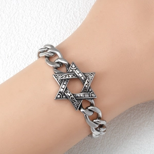 Hip hop stainless steel star bracelet with vintage engraved design on wrist