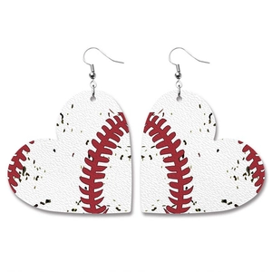 Faux leather heart-shaped baseball earrings with vintage red stitching and metal hooks