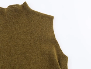 Close-up of olive green high neck sleeveless knit top with soft brushed texture