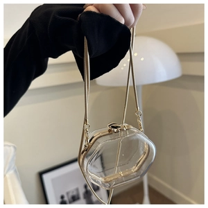 Detailed close-up of transparent acrylic box bag with golden metal frame and chain strap