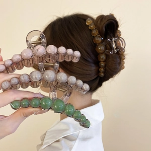 Elegant Hair Claw Clip Acrylic Resin Round Bead Geometric Design French Retro Style For Women Strong Grip