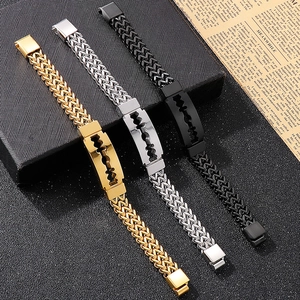 Three-color men's razor blade bracelets in gold, silver, and black braided steel
