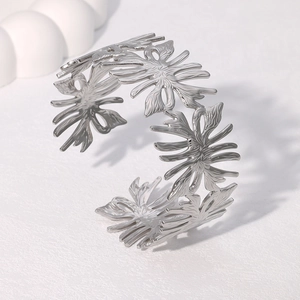 Elegant silver irregular leaf open cuff bracelet in stainless steel minimalist design
