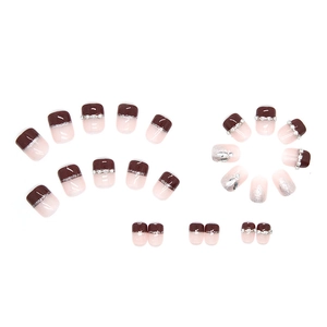 Elegant Burgundy French press-on nails with silver glitter lines and rhinestones