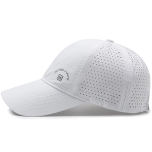 White breathable quick-dry baseball cap with laser-cut side vents and minimalist logo