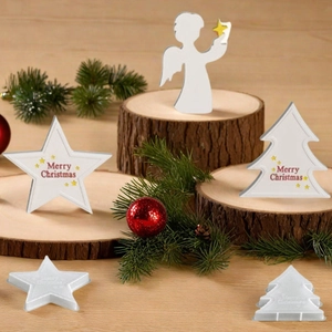 Detailed Christmas tree and star mold ornaments with Merry Christmas text on wood base