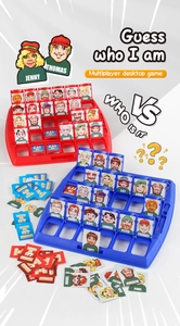 Detail view of Guess Who I Am tabletop game with red and blue boards and cartoon cards