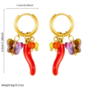 Creative hoop earrings with red chili and butterfly charms, gold-plated stainless steel