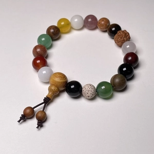 Macro detail of Buddhist prayer beads with multi-material agate and sandalwood textures
