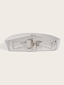 Chic silver snake-pattern elastic wide belt with round metal buckle for coats and dresses