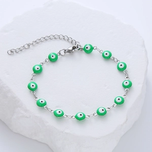 Silver stainless steel chain bracelet with twelve green enamel evil eye beads and lobster clasp