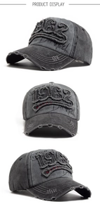 Detailed views of vintage grey washed cotton baseball cap with 1962 embroidery