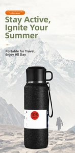 Detail of 316 stainless steel vacuum flask with black snowflake paint and portable strap