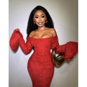 Elegant red off-shoulder bodycon dress with plush faux fur texture for a chic autumn look