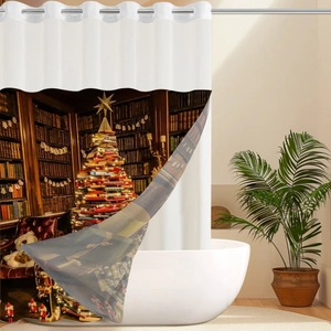Detailed view of waterproof bath curtain featuring a creative vintage book stack Christmas tree