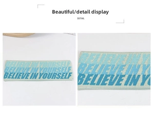 Detail of knitted elastic sports headband with Believe In Yourself slogan in green and blue