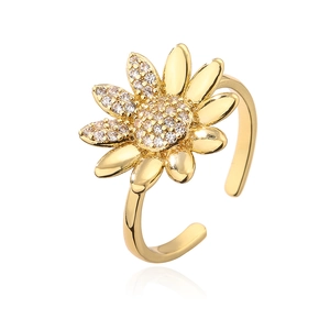 Adjustable 18K gold plated copper sunflower ring with sparkling white zircon stones
