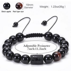 Adjustable 10mm black agate and red tiger eye beaded bracelet with zodiac charm