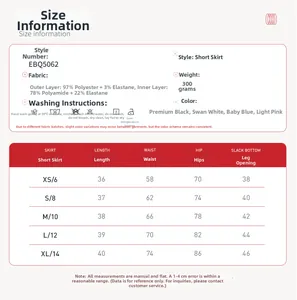 Detailed size chart for women yoga skirt set EBQ5062 showing XS to XL measurements