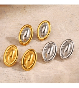 Detailed view of silver, gold, and two-tone oval stud earrings in 18K plated stainless steel