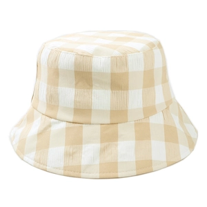 Fashionable yellow checkerboard cotton bucket hat with textured seersucker fabric finish