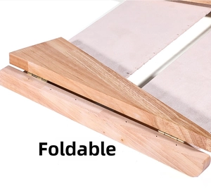 Close-up of wooden jewelry display rack featuring folding metal hinges and canvas